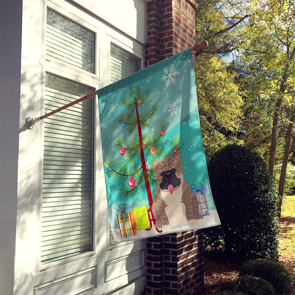 Merry Christmas Tree English Bulldog Grey Brindle House Flag 28x40 Porch Sleeve Pole Decorative Outside Yard Banner Artwork Wall Hanging, Polyester
