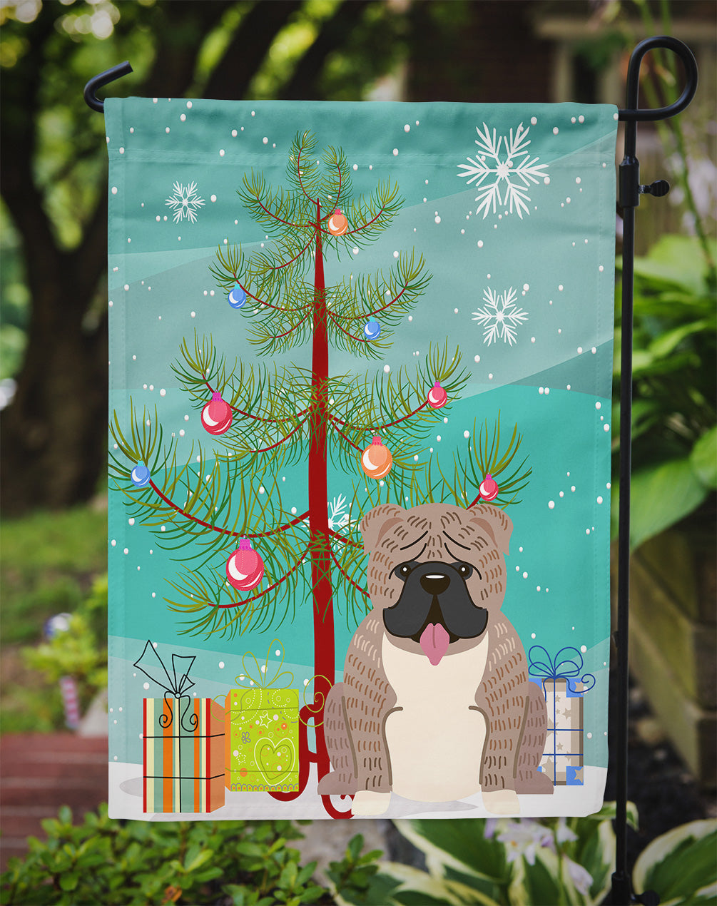 Merry Christmas Tree English Bulldog Grey Brindle Garden Flag Mailbox Decorative Yard Banner Outside Patio Artwork for Flower Beds, Garden Size, Multicolor