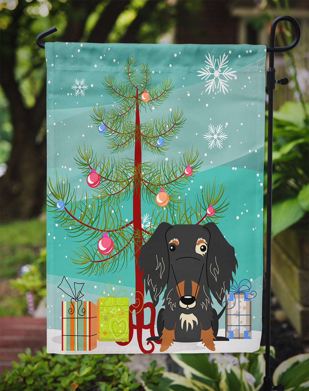 Merry Christmas Tree Wire Haired Dachshund Dapple Garden Flag Mailbox Decorative Yard Banner Outside Patio Artwork for Flower Beds, Garden Size, Multicolor