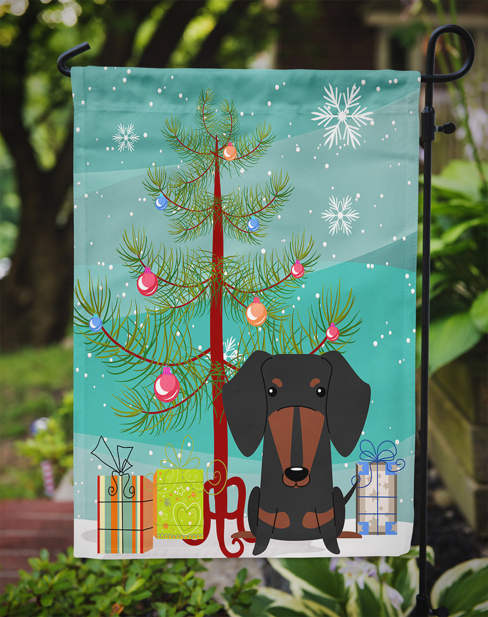 Merry Christmas Tree Dachshund Black Tan Garden Flag Mailbox Decorative Yard Banner Outside Patio Artwork for Flower Beds, Garden Size, Multicolor