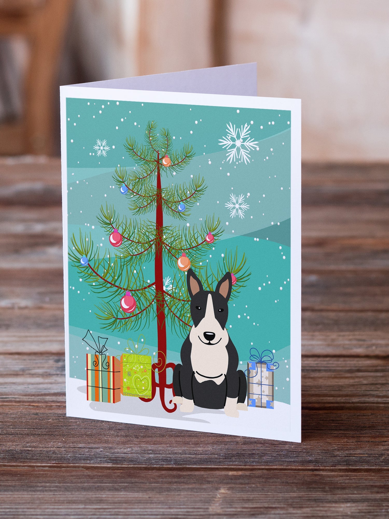 Merry Christmas Tree Bull Terrier Black White Greeting Cards Pack of 8 Blank Cards with Envelopes Whimsical A7 Size 5x7