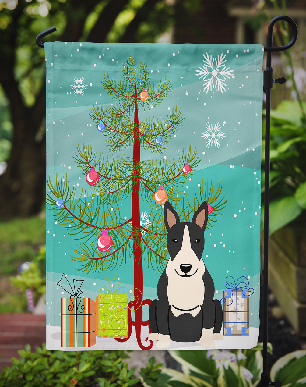 Merry Christmas Tree Bull Terrier Black White Garden Flag Mailbox Decorative Yard Banner Outside Patio Artwork for Flower Beds, Garden Size, Multicolor