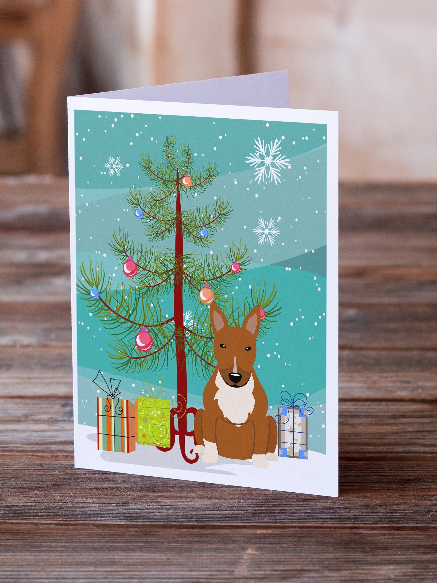 Merry Christmas Tree Bull Terrier Red Greeting Cards Pack of 8 Blank Cards with Envelopes Whimsical A7 Size 5x7