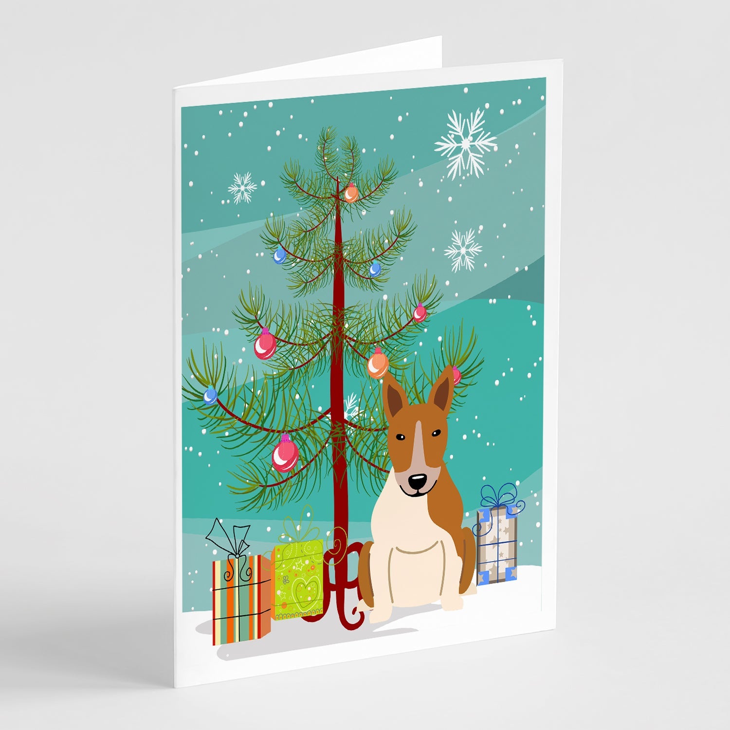 Merry Christmas Tree Bull Terrier Red White Greeting Cards Pack of 8 Blank Cards with Envelopes Whimsical A7 Size 5x7