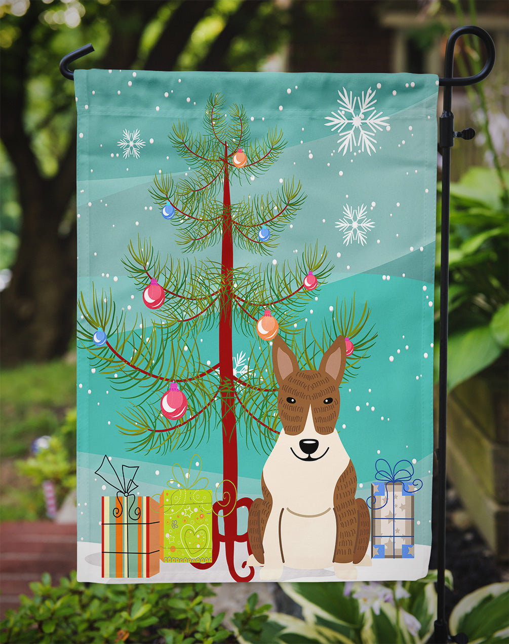 Merry Christmas Tree Bull Terrier Brindle Garden Flag Mailbox Decorative Yard Banner Outside Patio Artwork for Flower Beds, Garden Size, Multicolor