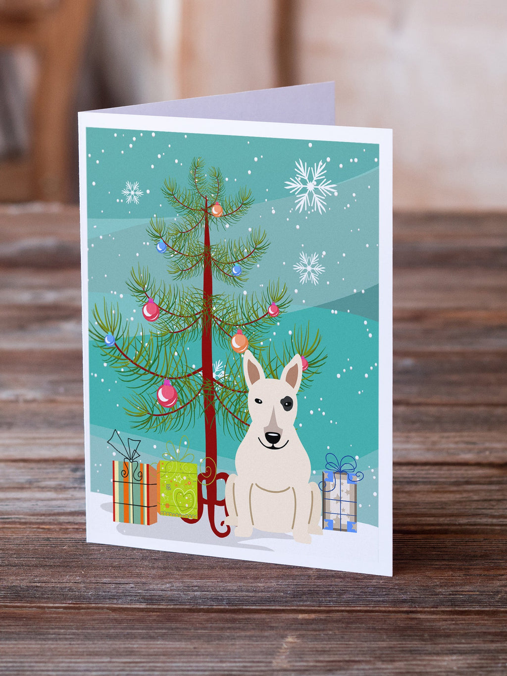 Merry Christmas Tree Bull Terrier White Greeting Cards Pack of 8 Blank Cards with Envelopes Whimsical A7 Size 5x7
