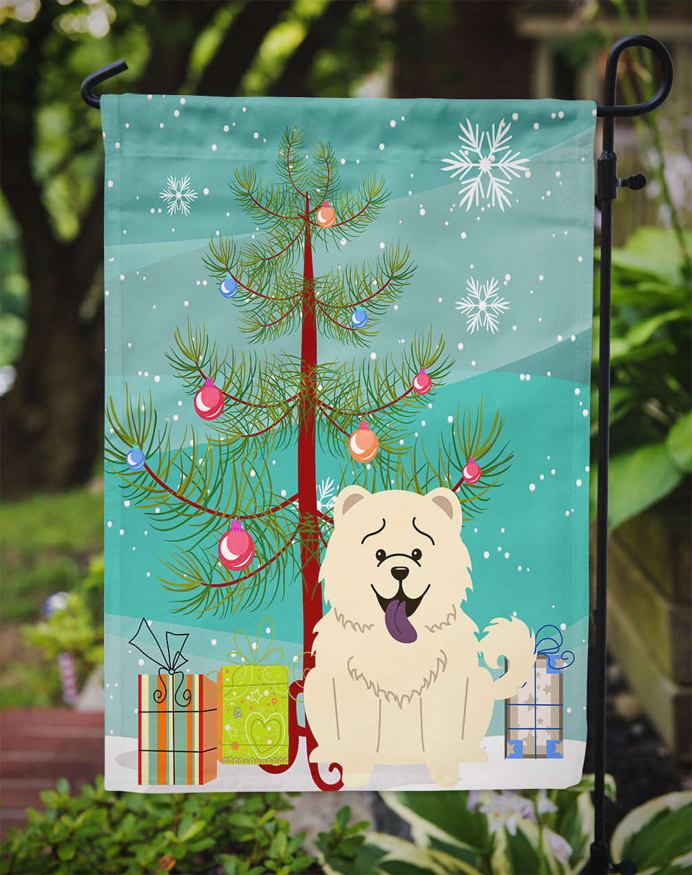Merry Christmas Tree Chow Chow White Garden Flag Mailbox Decorative Yard Banner Outside Patio Artwork for Flower Beds, Garden Size, Multicolor