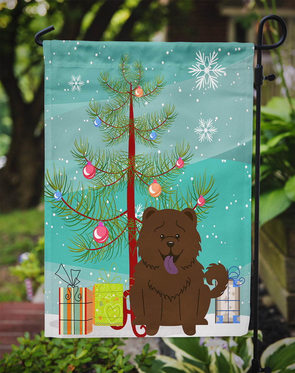 Merry Christmas Tree Chow Chow Chocolate Garden Flag Mailbox Decorative Yard Banner Outside Patio Artwork for Flower Beds, Garden Size, Multicolor