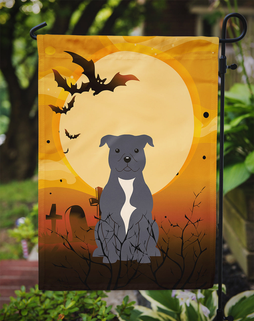 Halloween Staffordshire Bull Terrier Blue Garden Flag Mailbox Decorative Yard Banner Outside Patio Artwork for Flower Beds, Garden Size, Multicolor