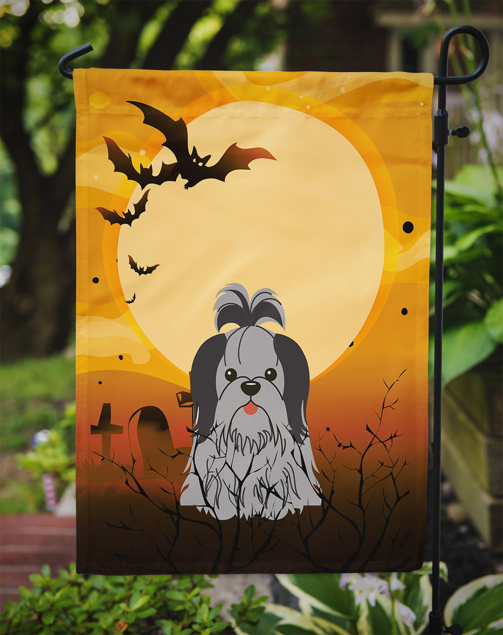 Halloween Shih Tzu Black Silver Garden Flag Mailbox Decorative Yard Banner Outside Patio Artwork for Flower Beds, Garden Size, Multicolor