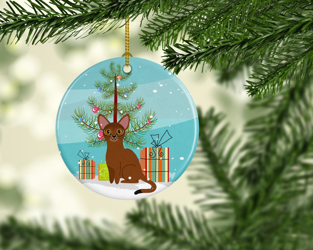 Abyssinian Cat Merry Christmas Tree Ceramic Ornament Christmas Tree Hanging Decorations for Home Christmas Holiday, Party, Gift, 3 in, Multicolor