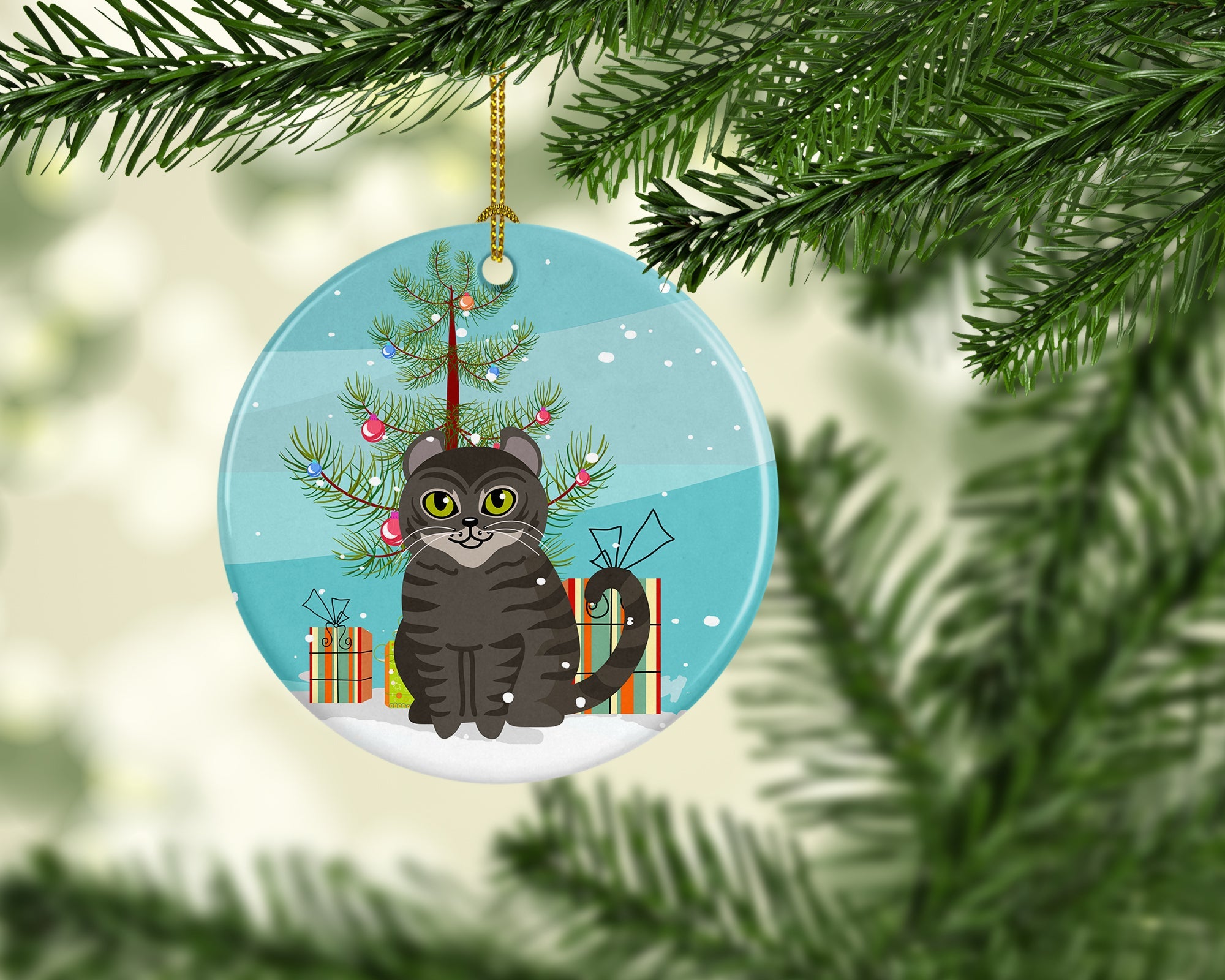 American Curl Cat Merry Christmas Tree Ceramic Ornament Christmas Tree Hanging Decorations for Home Christmas Holiday, Party, Gift, 3 in, Multicolor