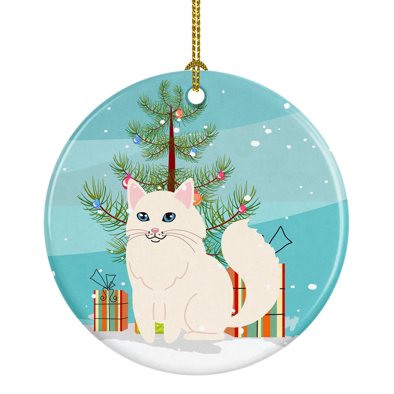Turkish Angora Cat Merry Christmas Tree Ceramic Ornament Christmas Tree Hanging Decorations for Home Christmas Holiday, Party, Gift, 3 in, Multicolor