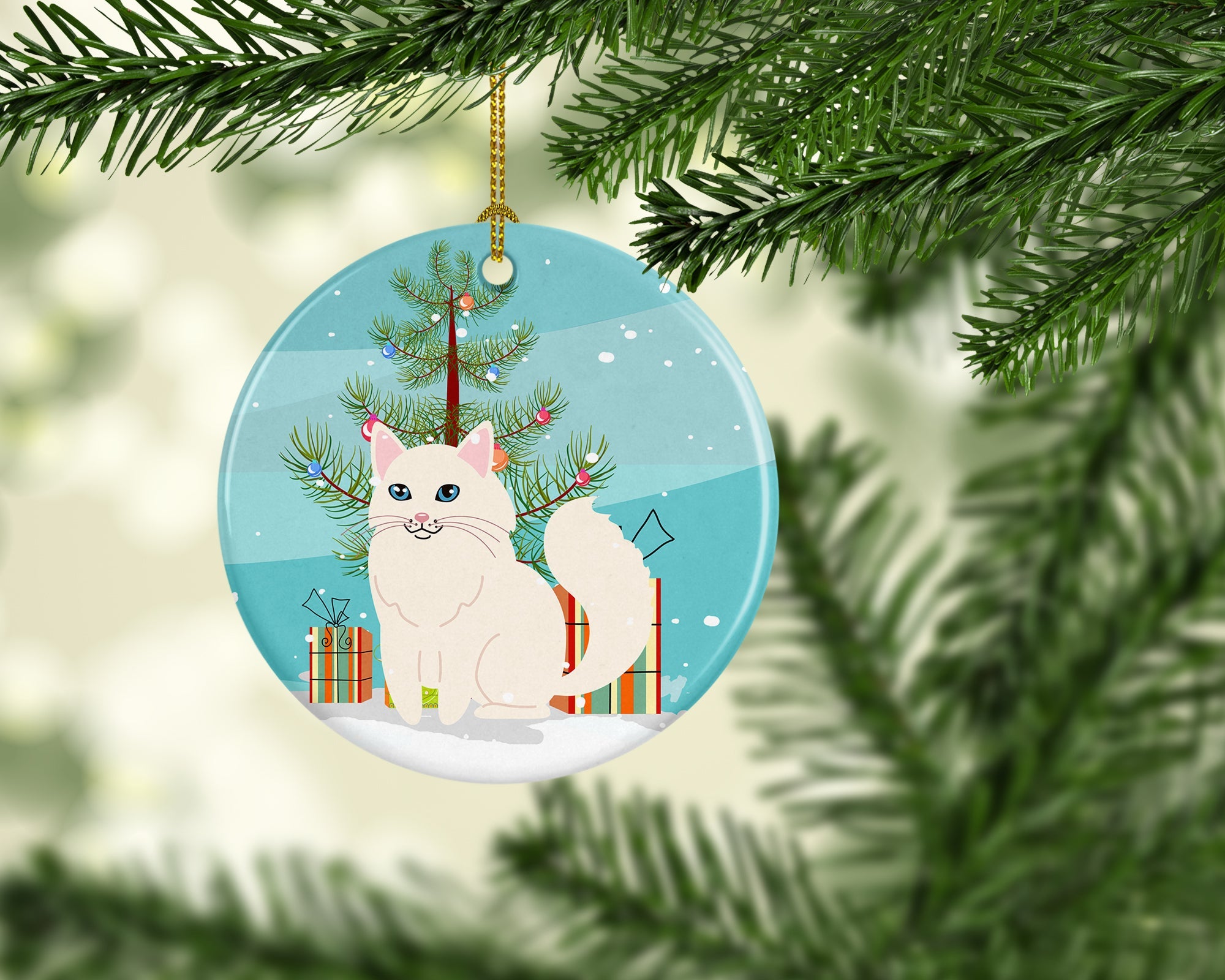 Turkish Angora Cat Merry Christmas Tree Ceramic Ornament Christmas Tree Hanging Decorations for Home Christmas Holiday, Party, Gift, 3 in, Multicolor