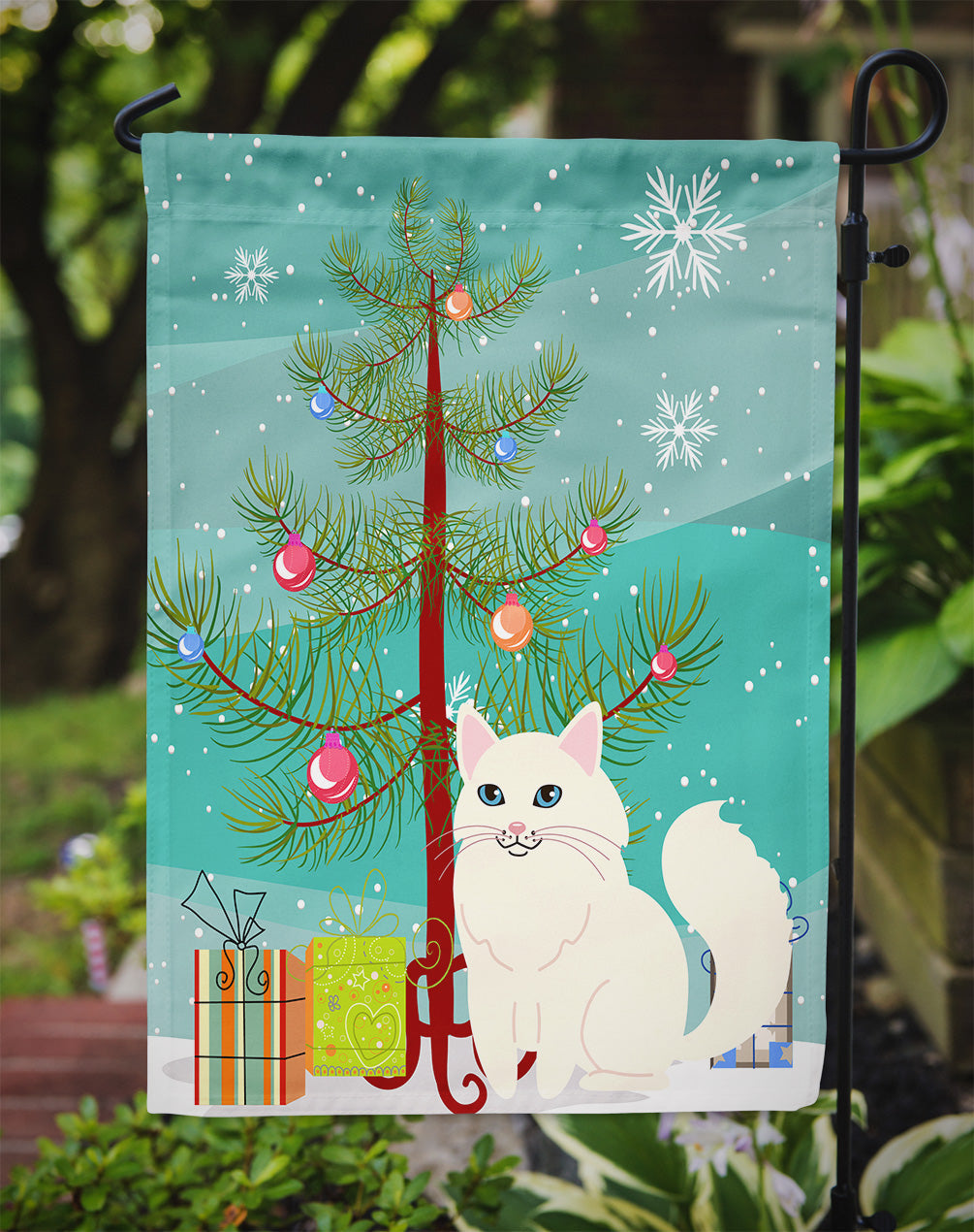 Turkish Angora Cat Merry Christmas Tree Garden Flag Mailbox Decorative Yard Banner Outside Patio Artwork for Flower Beds, Garden Size, Multicolor
