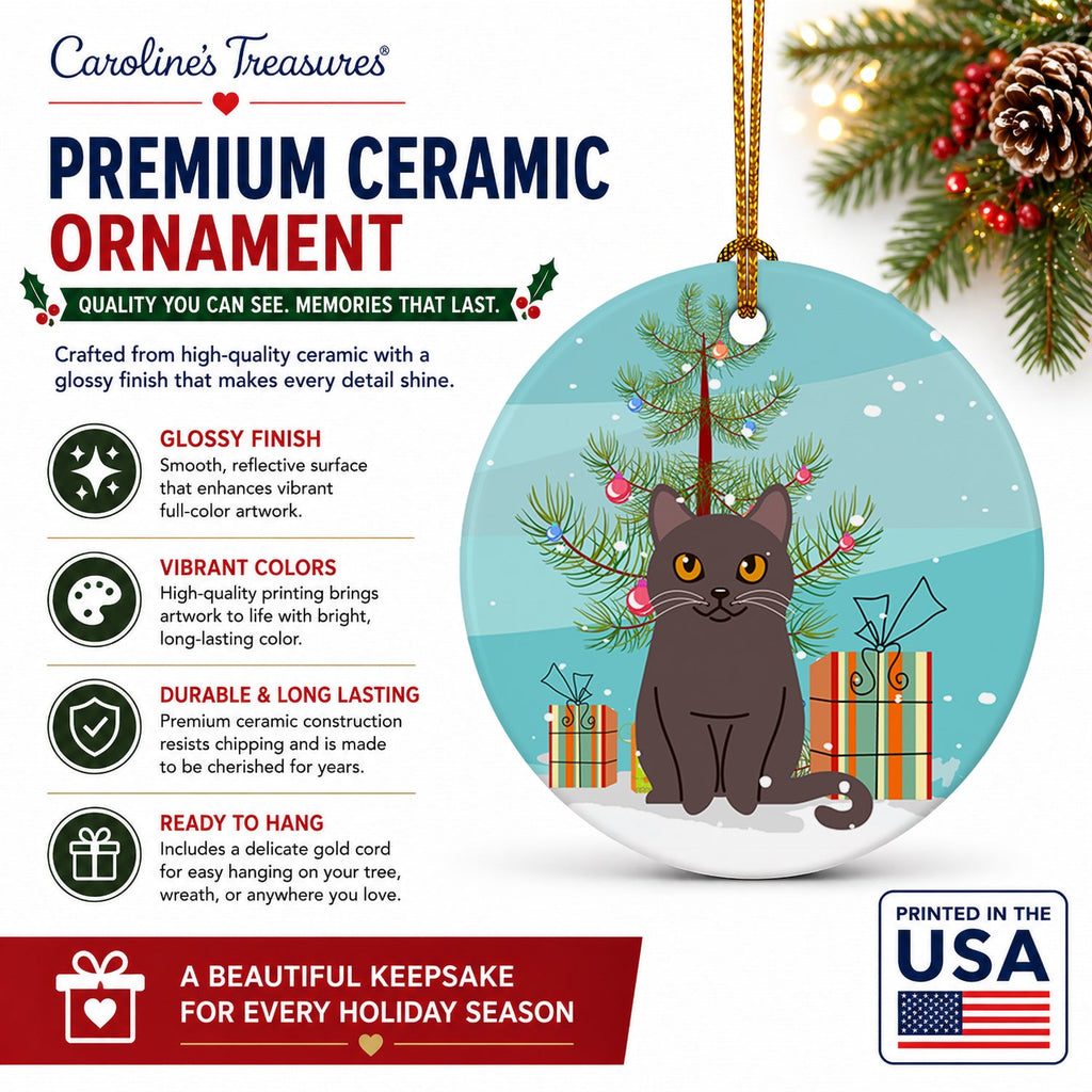 Chartreux Cat Merry Christmas Tree Ceramic Ornament Christmas Tree Hanging Decorations for Home Christmas Holiday, Party, Gift, 3 in, Multicolor