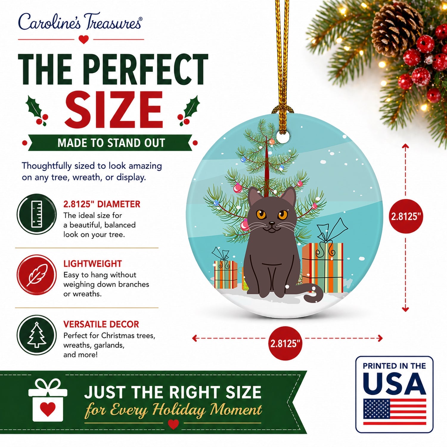 Chartreux Cat Merry Christmas Tree Ceramic Ornament Christmas Tree Hanging Decorations for Home Christmas Holiday, Party, Gift, 3 in, Multicolor