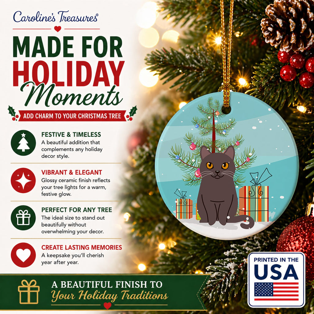 Chartreux Cat Merry Christmas Tree Ceramic Ornament Christmas Tree Hanging Decorations for Home Christmas Holiday, Party, Gift, 3 in, Multicolor