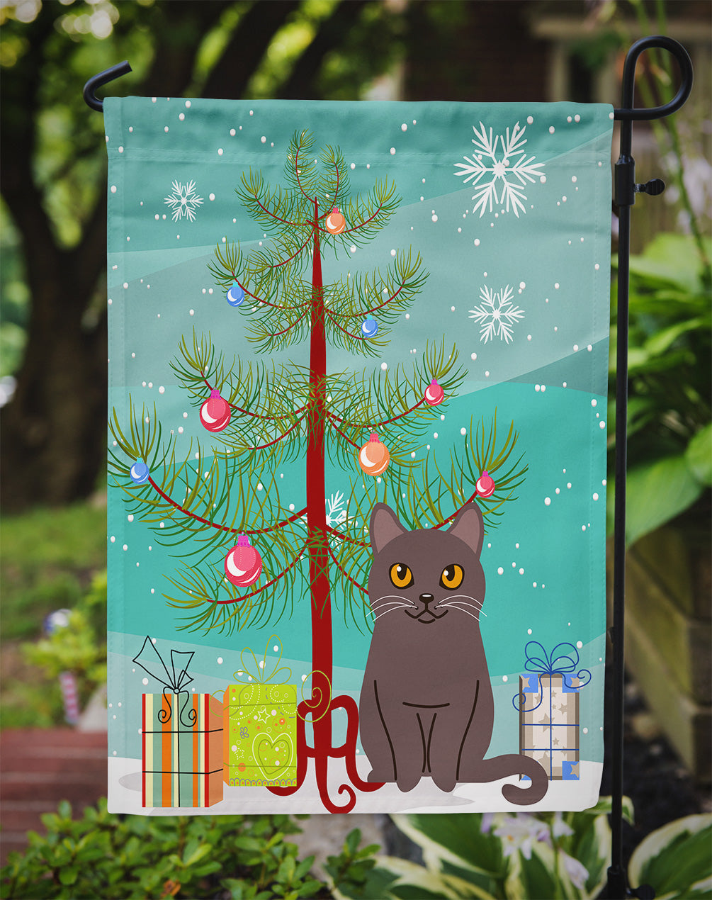Chartreux Cat Merry Christmas Tree Garden Flag Mailbox Decorative Yard Banner Outside Patio Artwork for Flower Beds, Garden Size, Multicolor