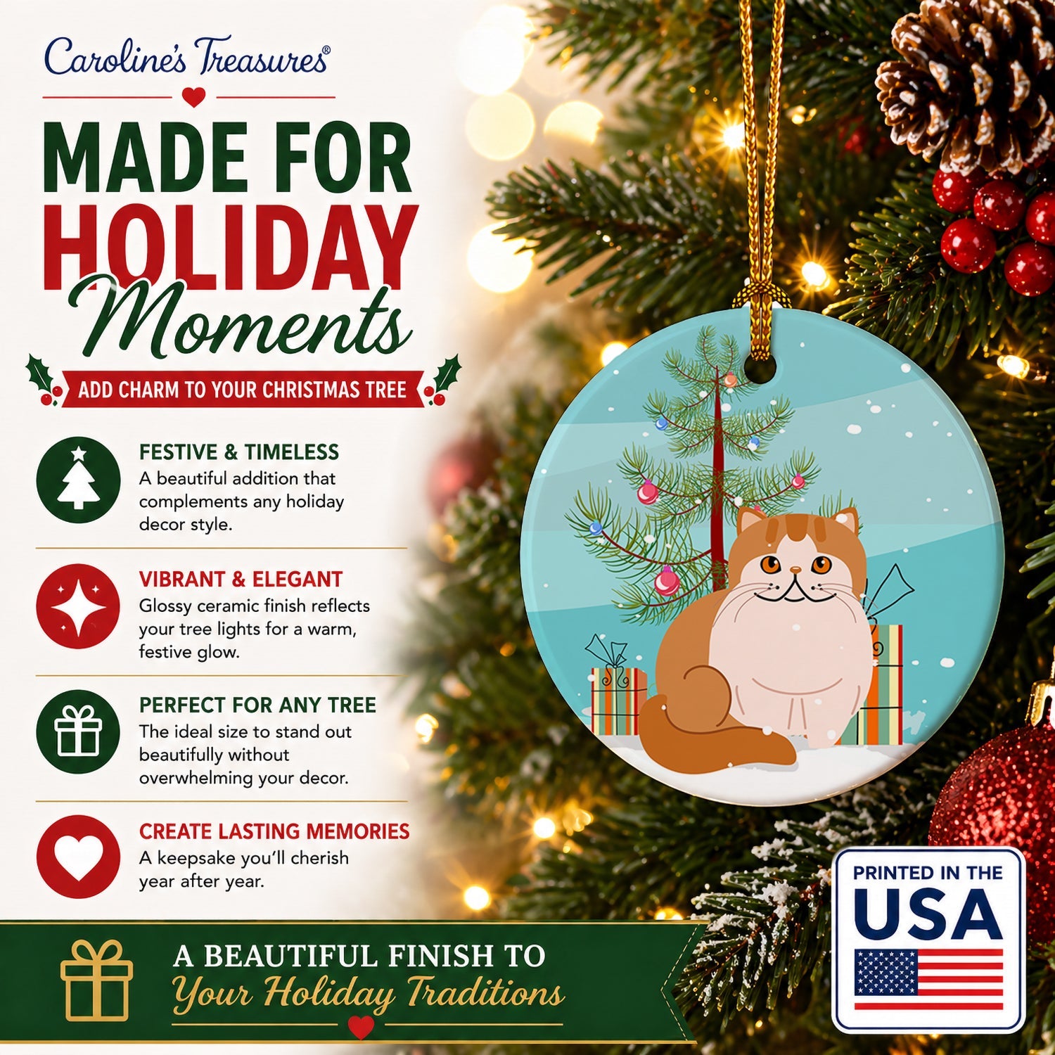 Exotic Shorthair Cat Merry Christmas Tree Ceramic Ornament Christmas Tree Hanging Decorations for Home Christmas Holiday, Party, Gift, 3 in, Multicolor