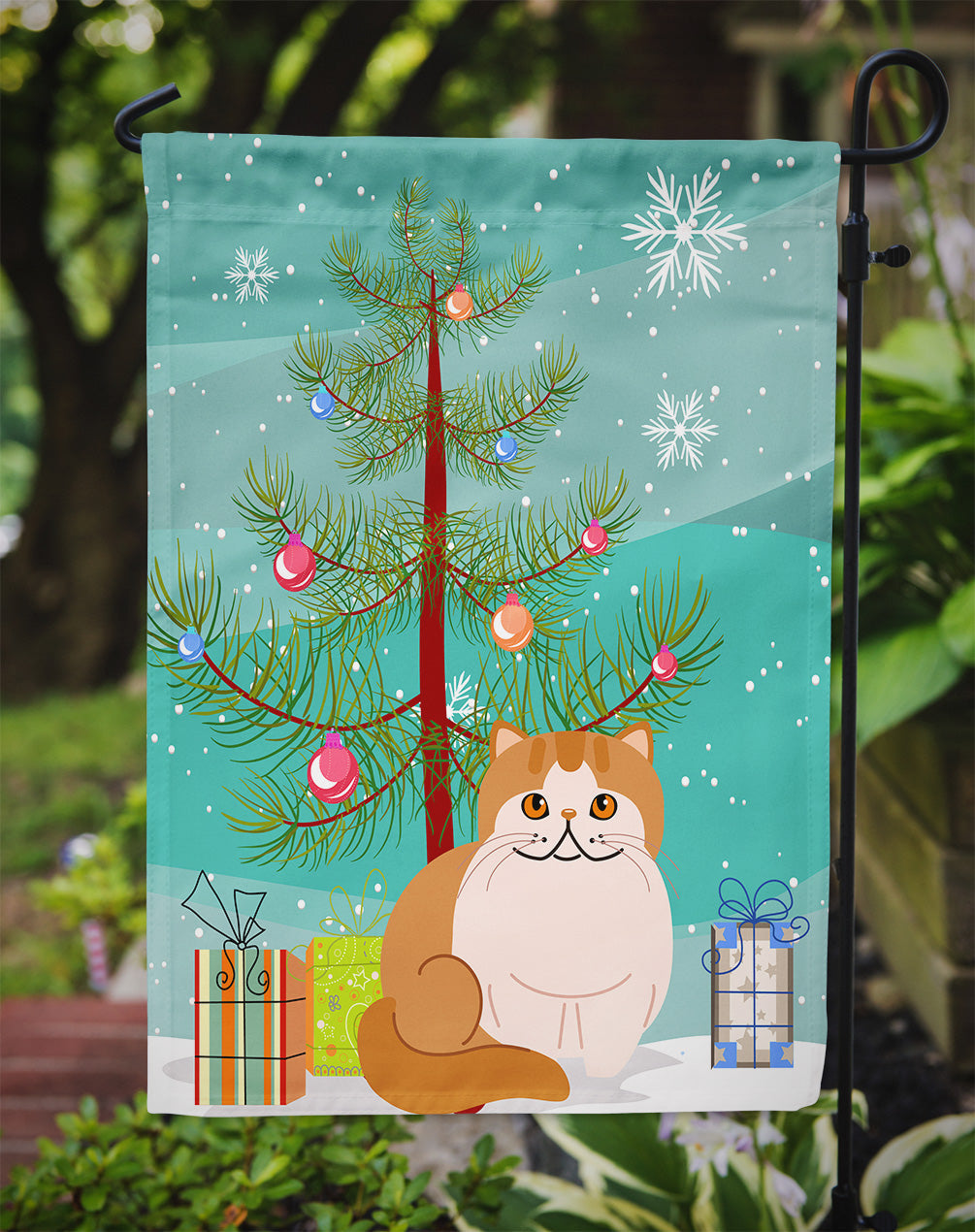 Exotic Shorthair Cat Merry Christmas Tree Garden Flag Mailbox Decorative Yard Banner Outside Patio Artwork for Flower Beds, Garden Size, Multicolor