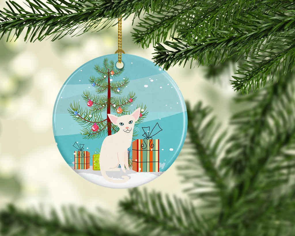 Foreign White Cat Merry Christmas Tree Ceramic Ornament Christmas Tree Hanging Decorations for Home Christmas Holiday, Party, Gift, 3 in, Multicolor