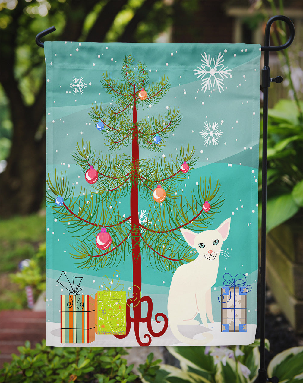 Foreign White Cat Merry Christmas Tree Garden Flag Mailbox Decorative Yard Banner Outside Patio Artwork for Flower Beds, Garden Size, Multicolor