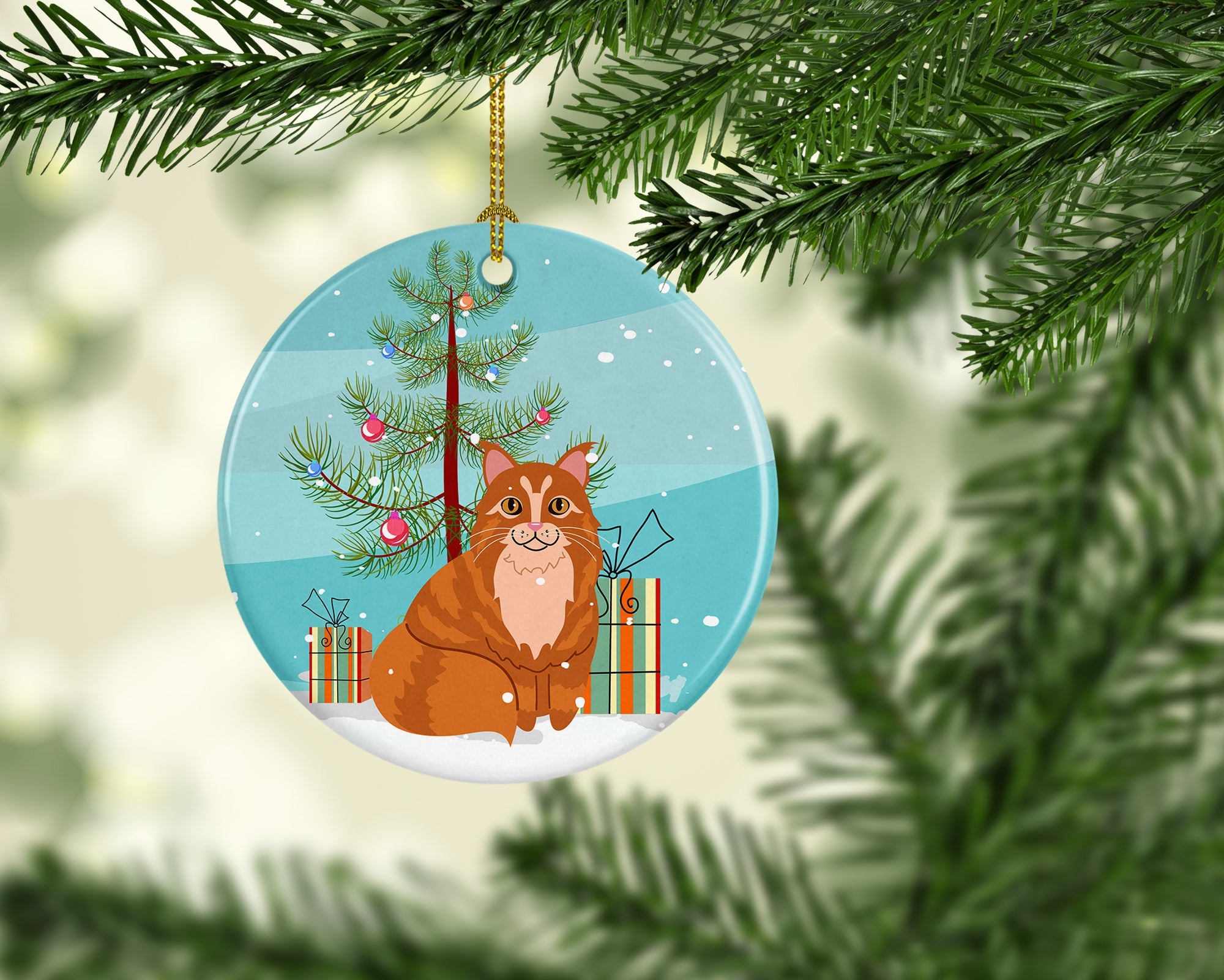 Maine Coon Cat Merry Christmas Tree Ceramic Ornament Christmas Tree Hanging Decorations for Home Christmas Holiday, Party, Gift, 3 in, Multicolor