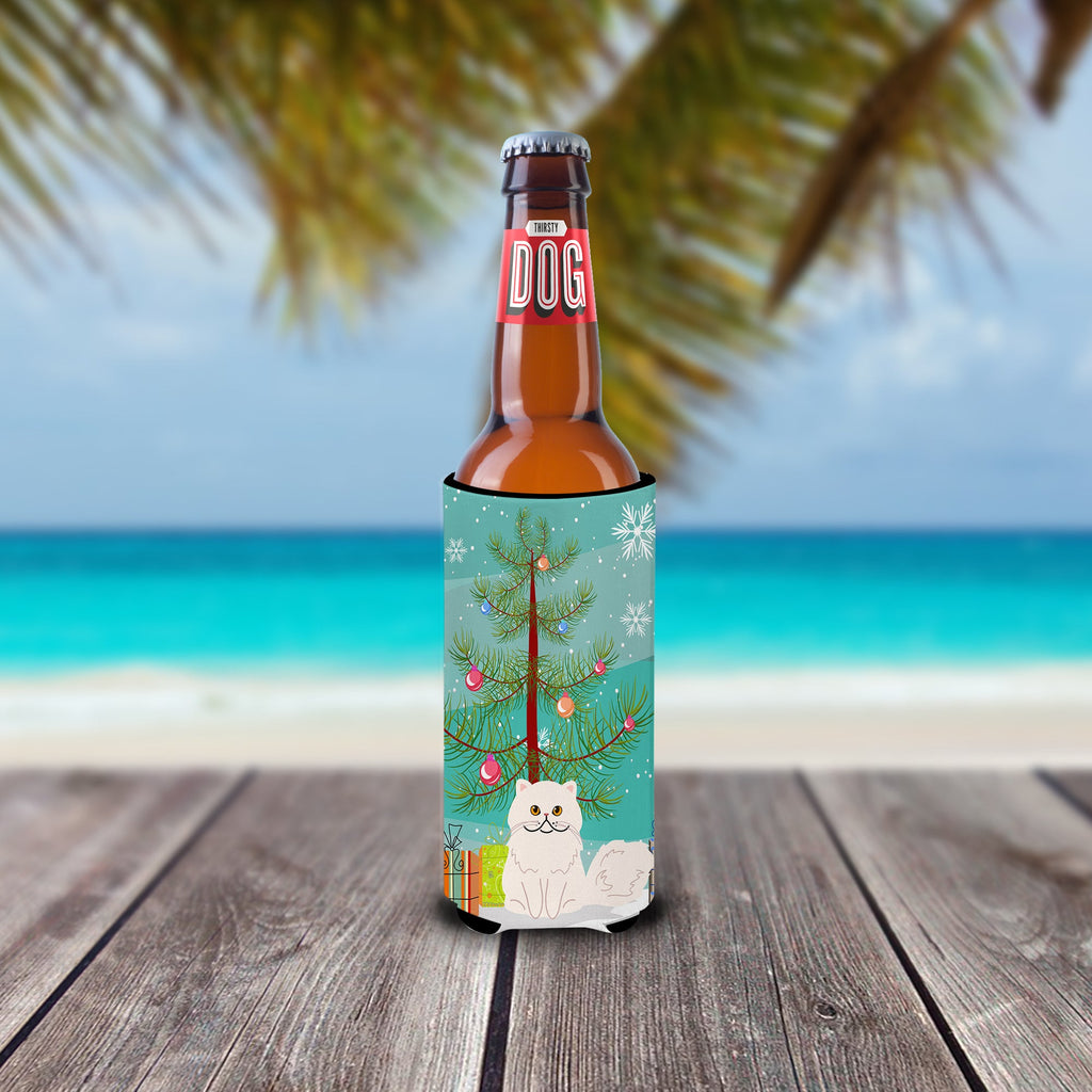 Persian Cat Merry Christmas Tree Slim Can Hugger , Insulated Foam Hugger for 12 oz Slim Cans, Beer Bottles & Water Bottles, Printed in USA