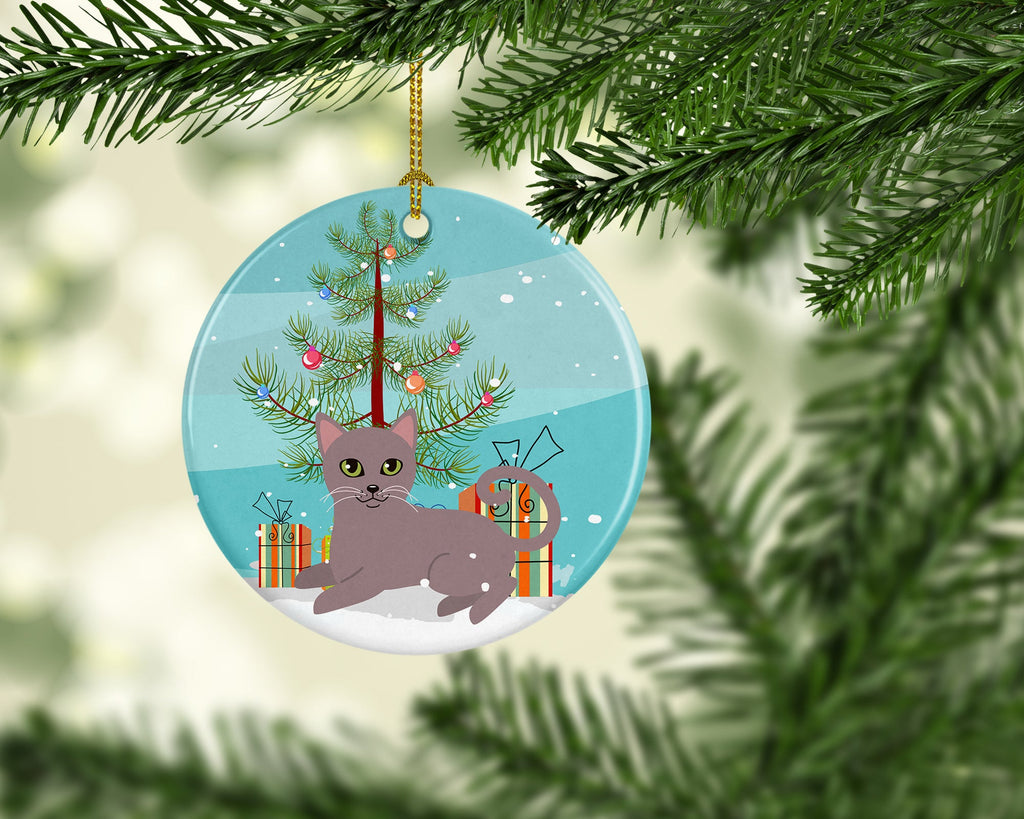Russian Blue Cat Merry Christmas Tree Ceramic Ornament Christmas Tree Hanging Decorations for Home Christmas Holiday, Party, Gift, 3 in, Multicolor