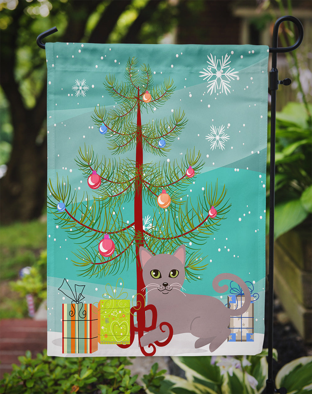 Russian Blue Cat Merry Christmas Tree Garden Flag Mailbox Decorative Yard Banner Outside Patio Artwork for Flower Beds, Garden Size, Multicolor