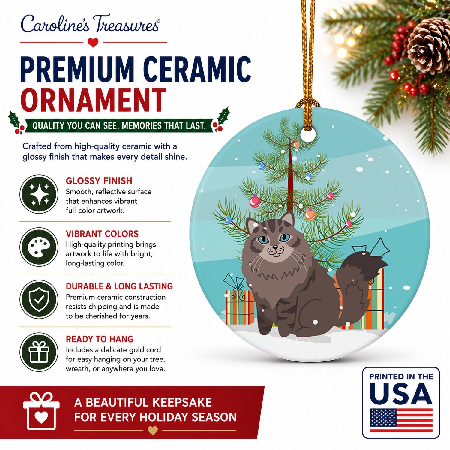 Siberian Cat Merry Christmas Tree Ceramic Ornament Christmas Tree Hanging Decorations for Home Christmas Holiday, Party, Gift, 3 in, Multicolor
