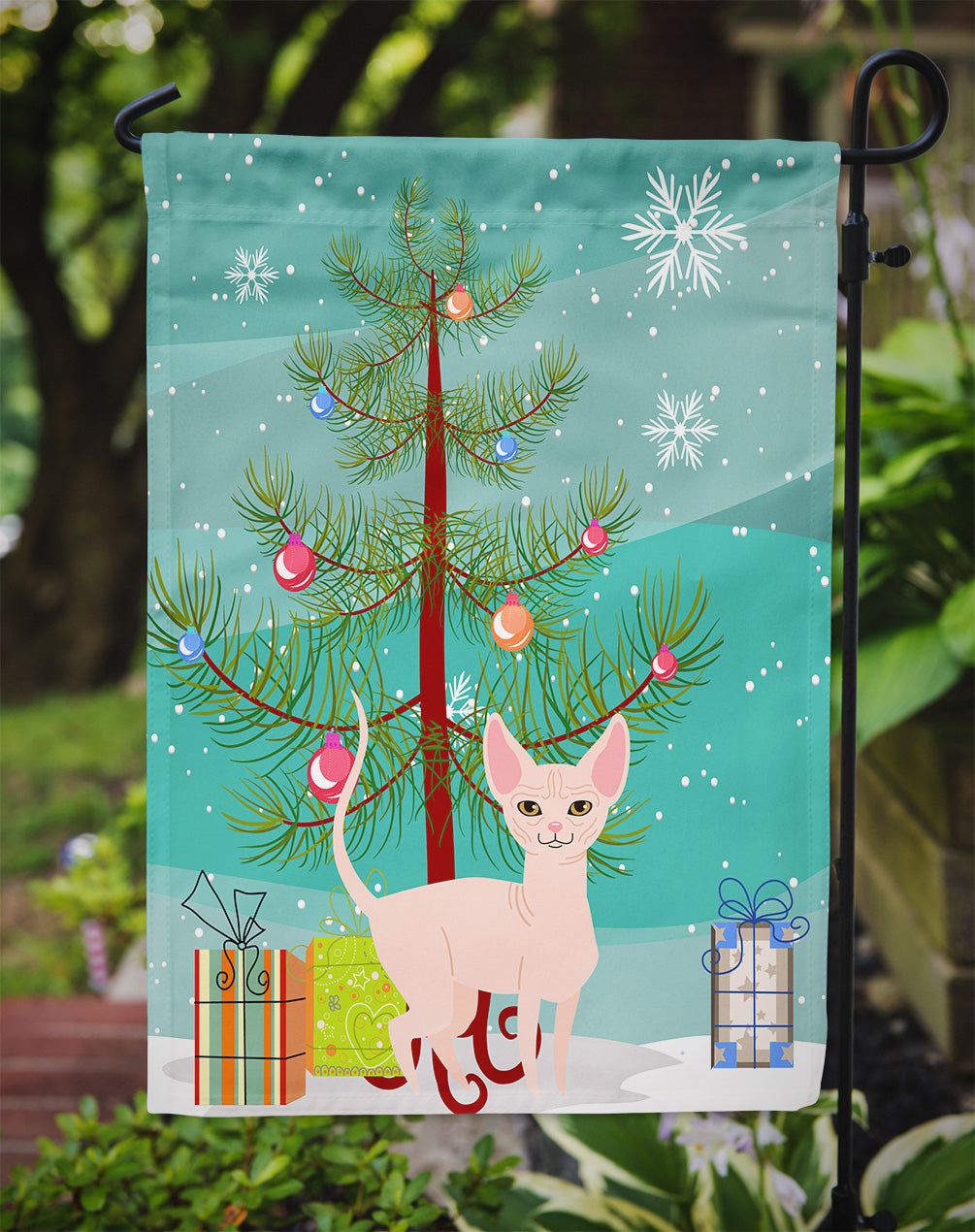 Sphynx Cat Merry Christmas Tree Garden Flag Mailbox Decorative Yard Banner Outside Patio Artwork for Flower Beds, Garden Size, Multicolor