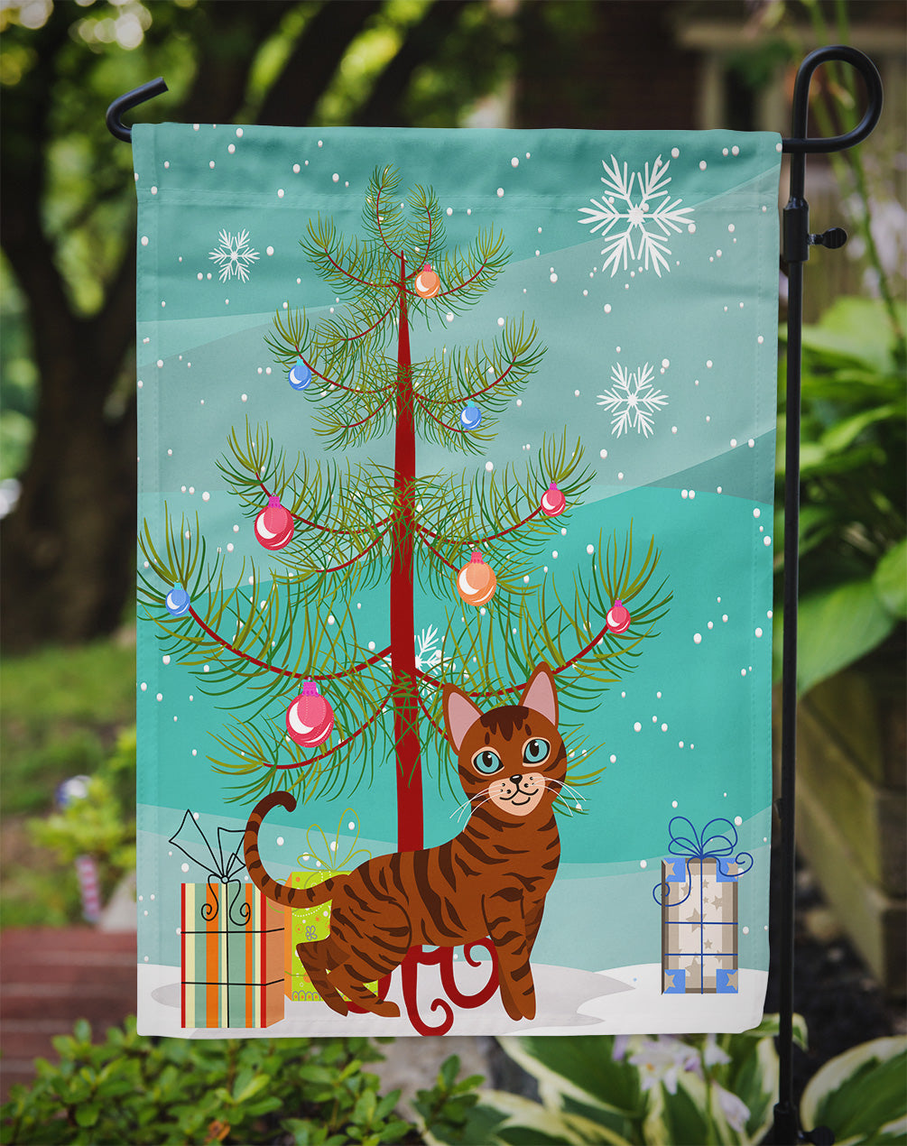 Toyger Cat Merry Christmas Tree Garden Flag Mailbox Decorative Yard Banner Outside Patio Artwork for Flower Beds, Garden Size, Multicolor