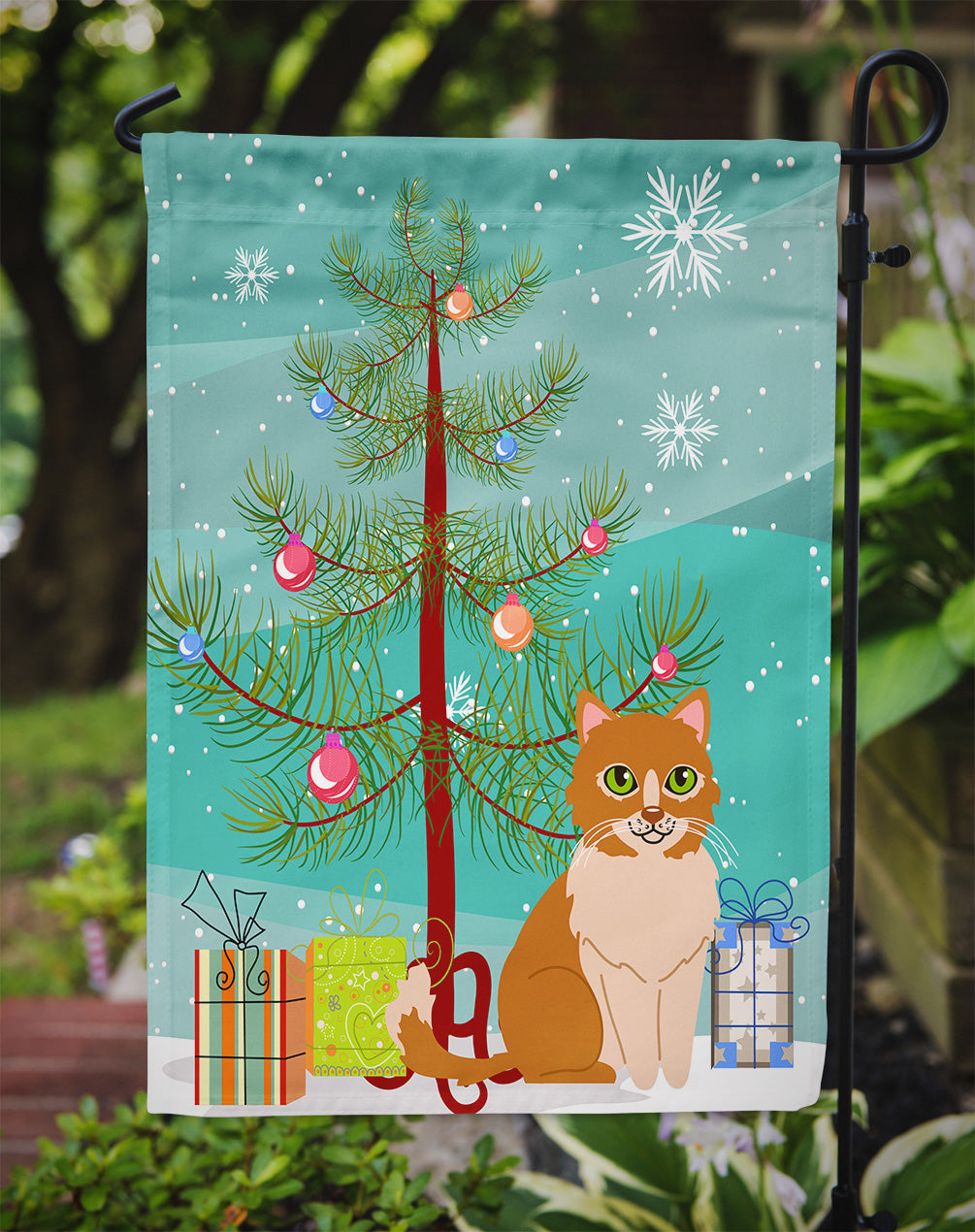 Merry Christmas Tree Ural Rex Cat Garden Flag Mailbox Decorative Yard Banner Outside Patio Artwork for Flower Beds, Garden Size, Multicolor