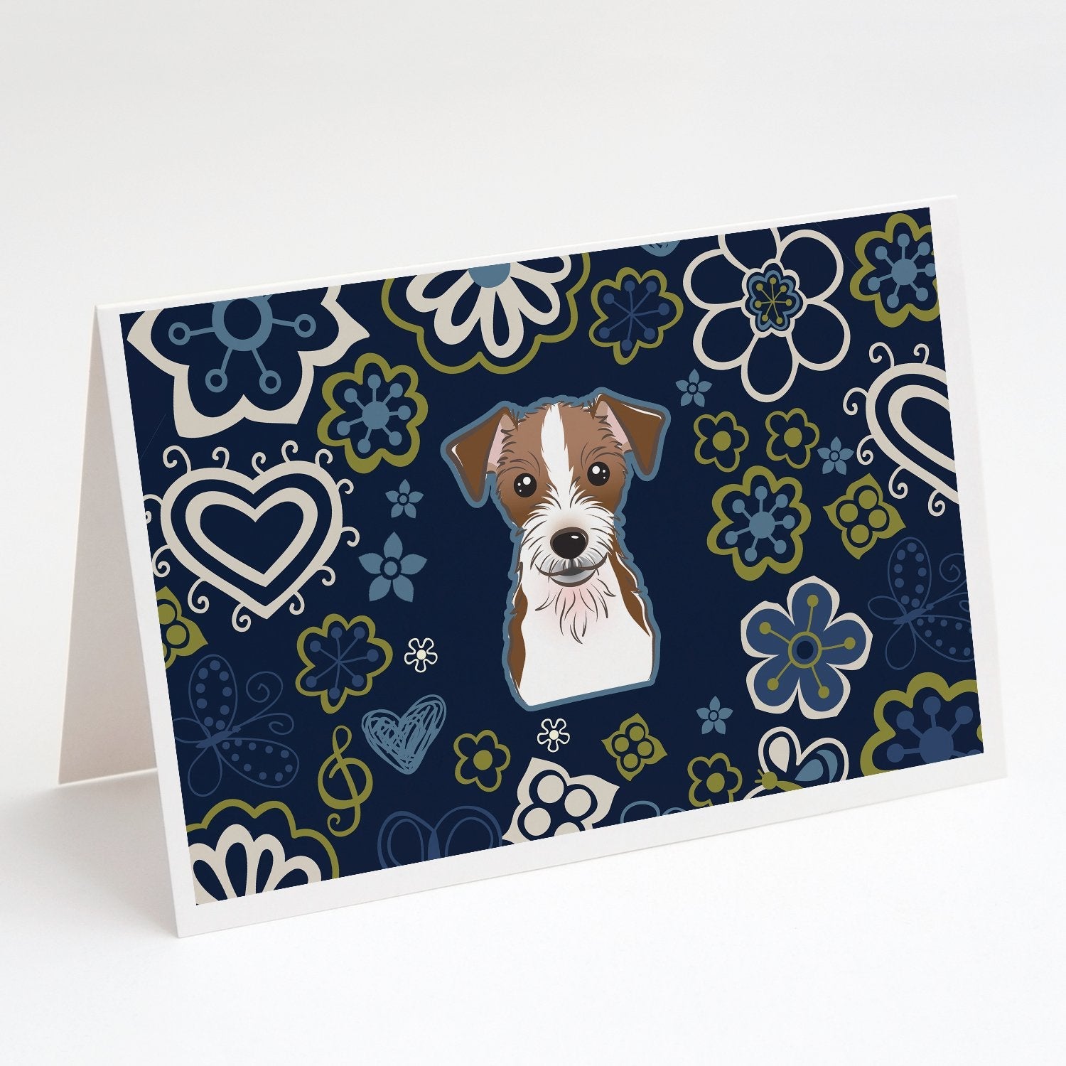 Blue Flowers Jack Russell Terrier Greeting Cards Pack of 8 Blank Cards with Envelopes Whimsical A7 Size 5x7