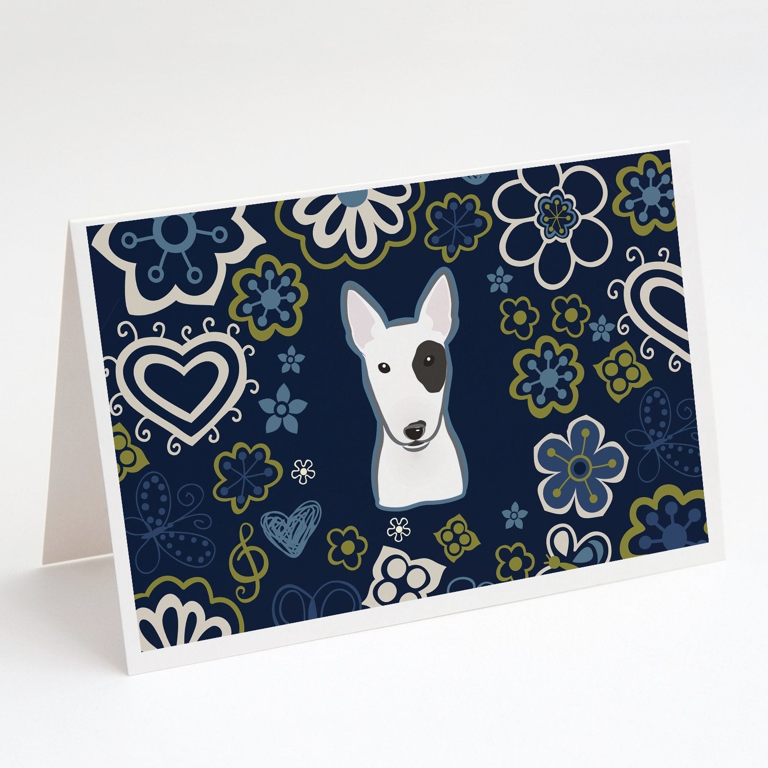 Blue Flowers Bull Terrier Greeting Cards Pack of 8 Blank Cards with Envelopes Whimsical A7 Size 5x7