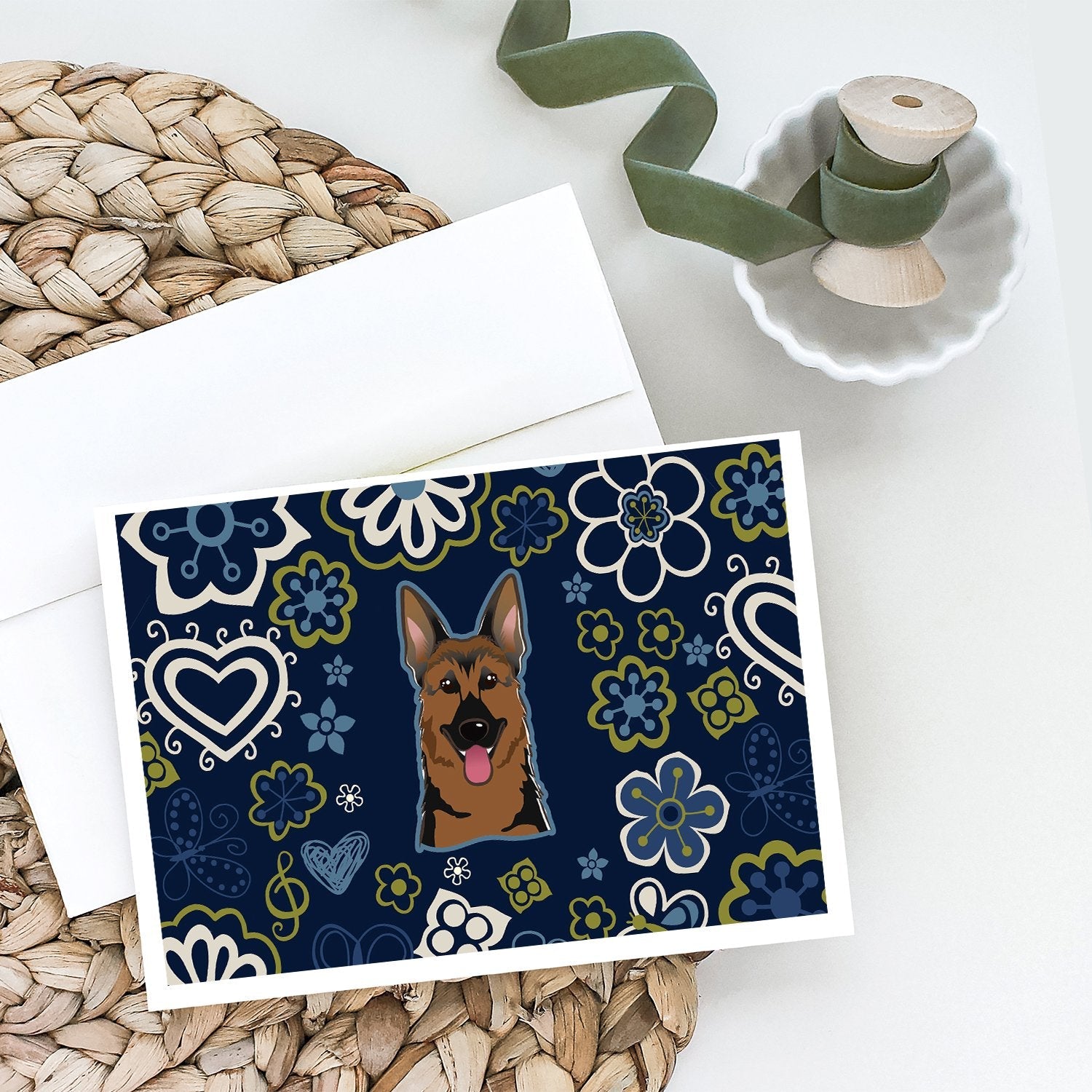 Blue Flowers German Shepherd Greeting Cards Pack of 8 Blank Cards with Envelopes Whimsical A7 Size 5x7