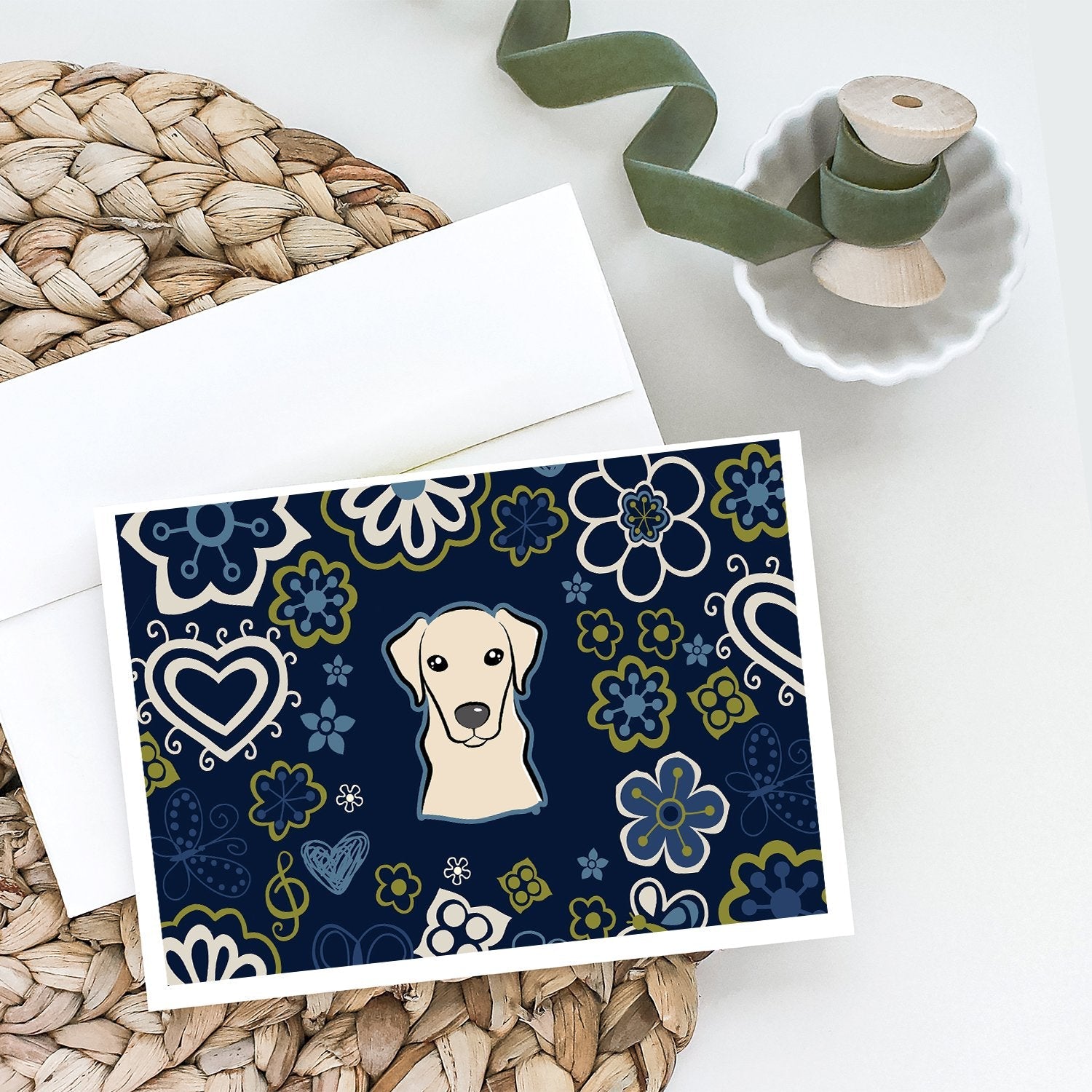 Blue Flowers Yellow Labrador Greeting Cards Pack of 8 Blank Cards with Envelopes Whimsical A7 Size 5x7