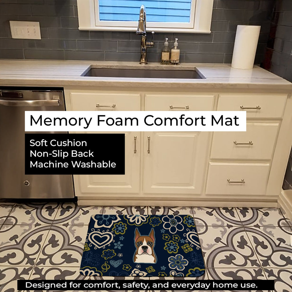 Blue Flowers Boxer Memory Foam Kitchen Mat Machine Washable Anti-Fatigue Cushion Comfort Bath or Kitchen Rug