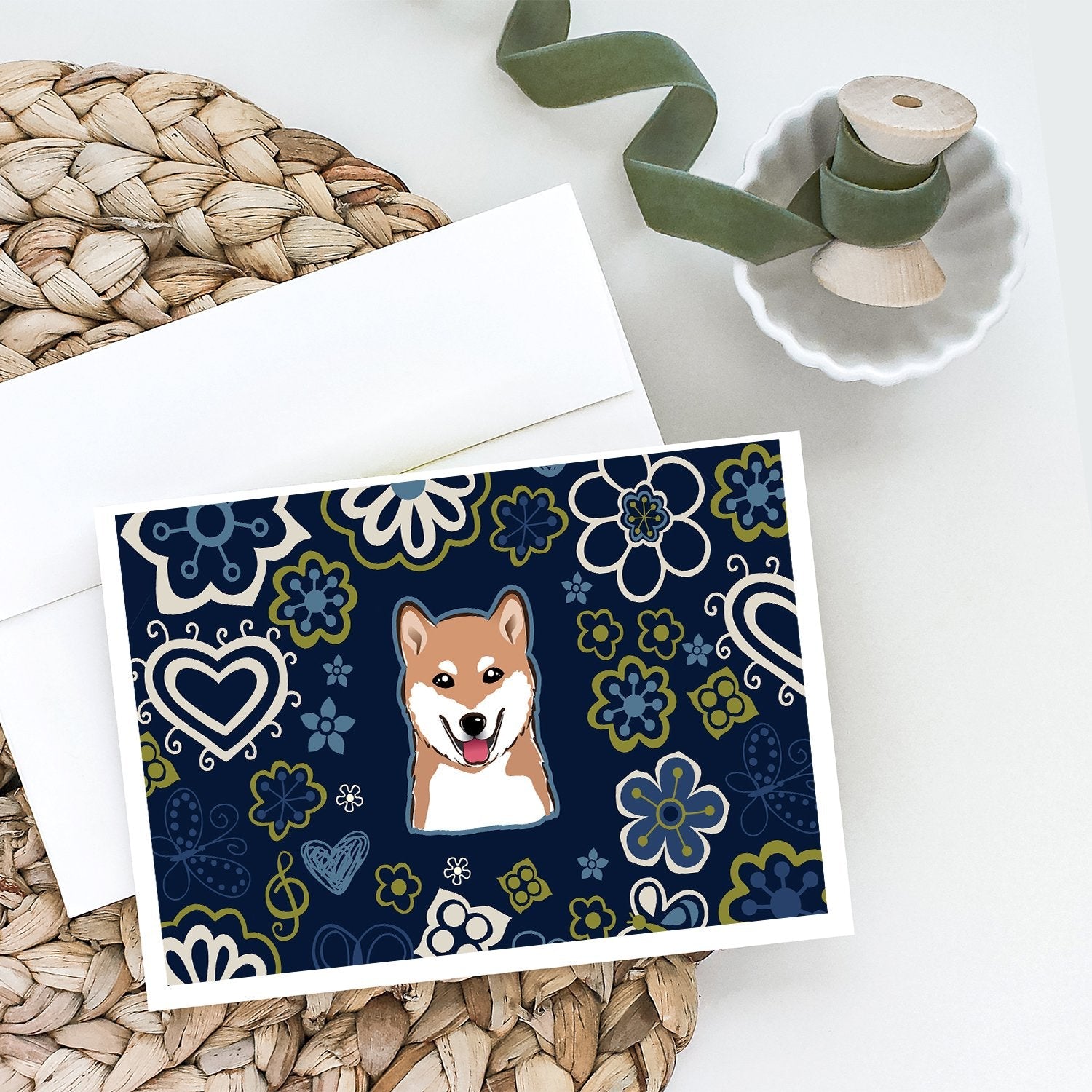 Blue Flowers Shiba Inu Greeting Cards Pack of 8 Blank Cards with Envelopes Whimsical A7 Size 5x7