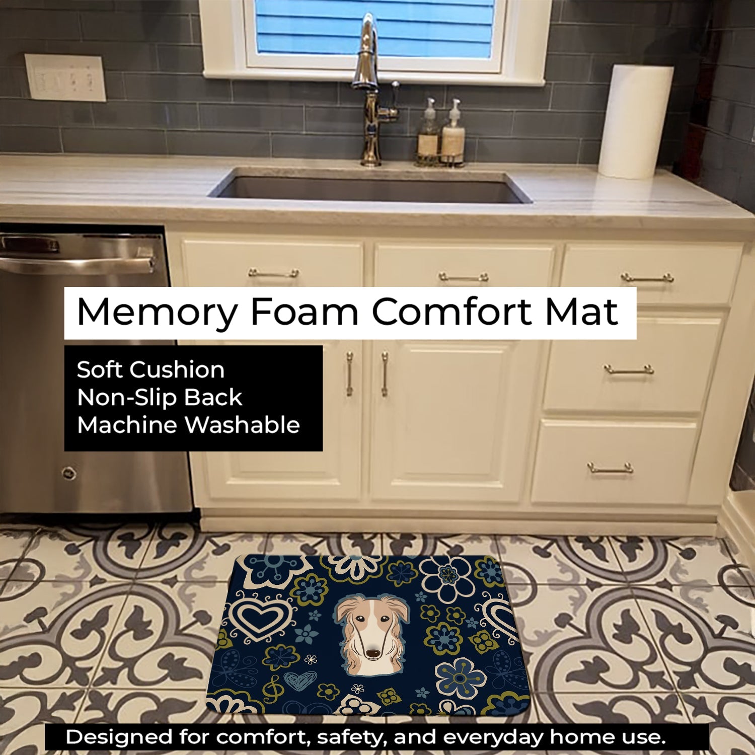 Blue Flowers Borzoi Memory Foam Kitchen Mat Machine Washable Anti-Fatigue Cushion Comfort Bath or Kitchen Rug