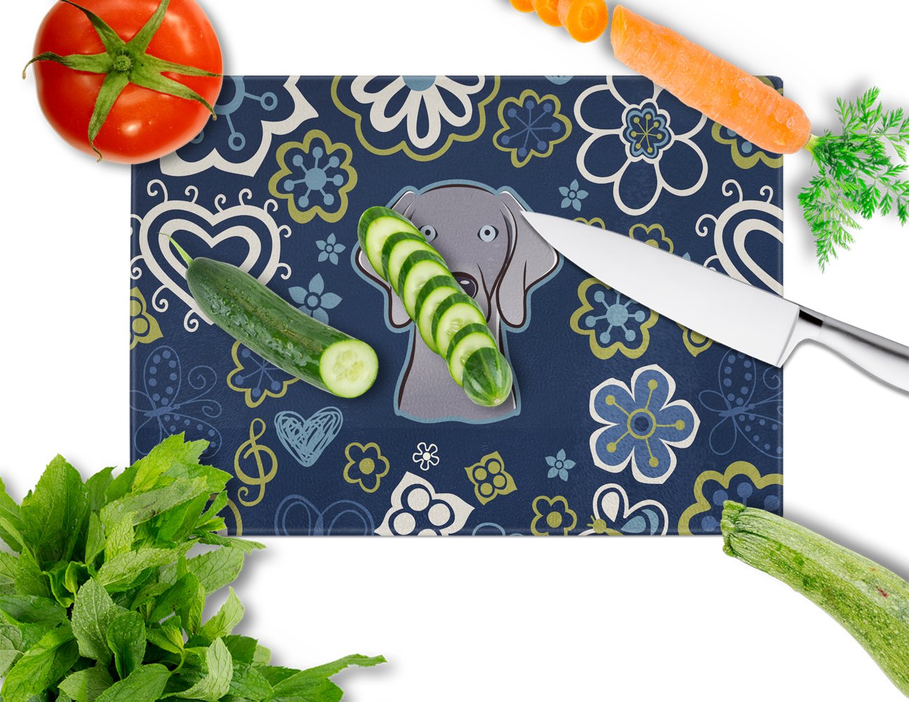 Blue Flowers Weimaraner Cutting Board Tempered Glass Kitchen Cutting Surface, Heat Resistant Chopping, Non-Slip Feet, Food Prep & Serving