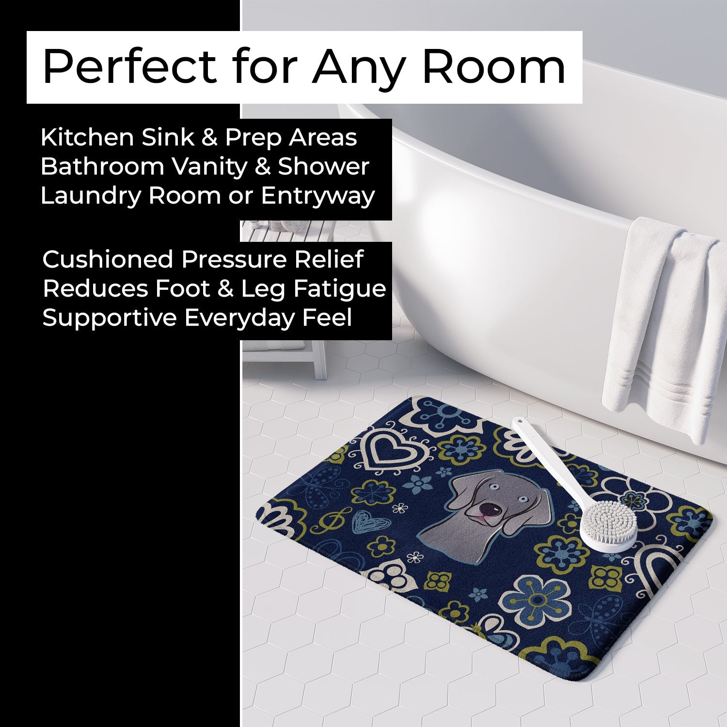 Blue Flowers Weimaraner Memory Foam Kitchen Mat Machine Washable Anti-Fatigue Cushion Comfort Bath or Kitchen Rug
