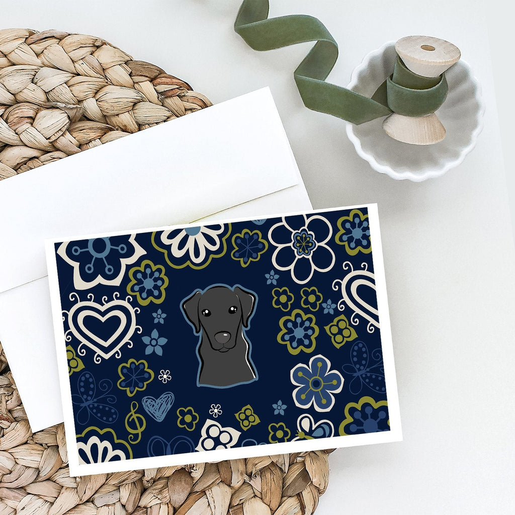 Blue Flowers Black Labrador Greeting Cards Pack of 8 Blank Cards with Envelopes Whimsical A7 Size 5x7