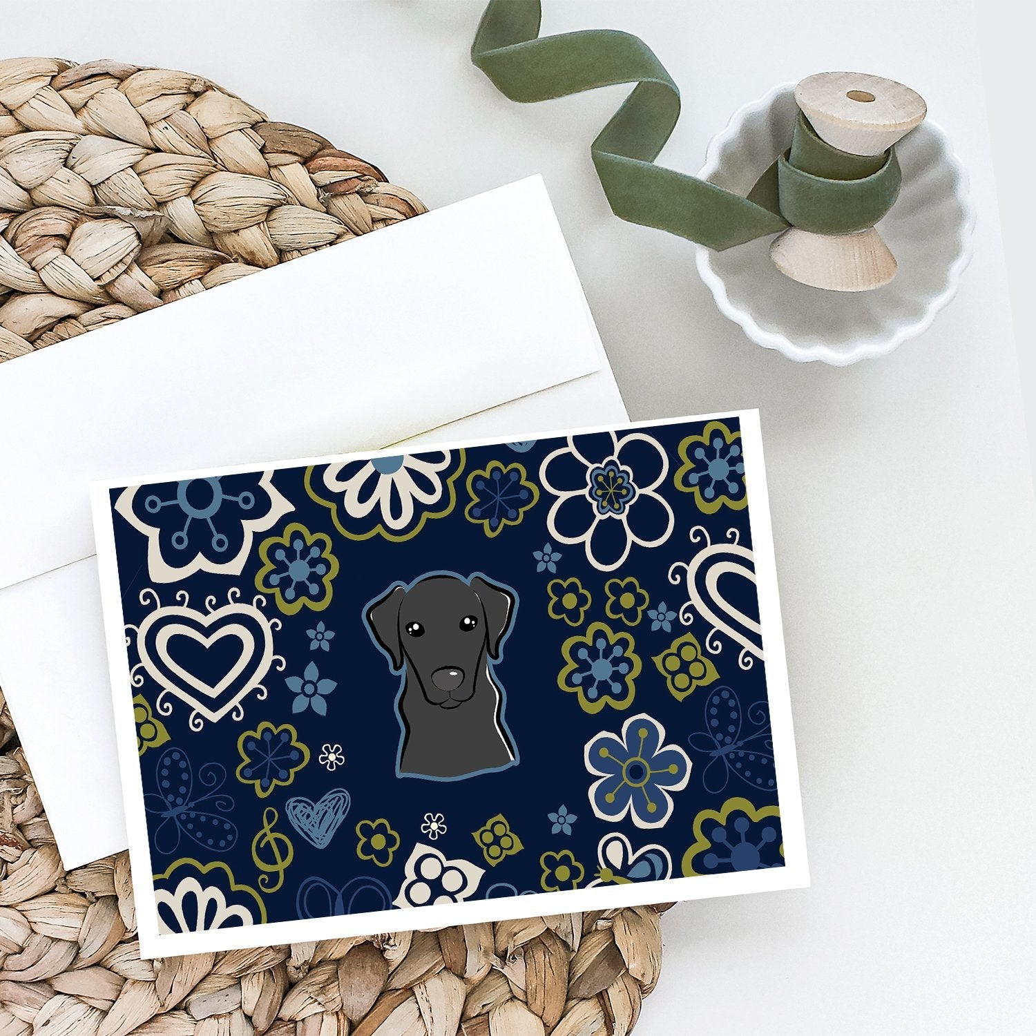 Blue Flowers Black Labrador Greeting Cards Pack of 8 Blank Cards with Envelopes Whimsical A7 Size 5x7