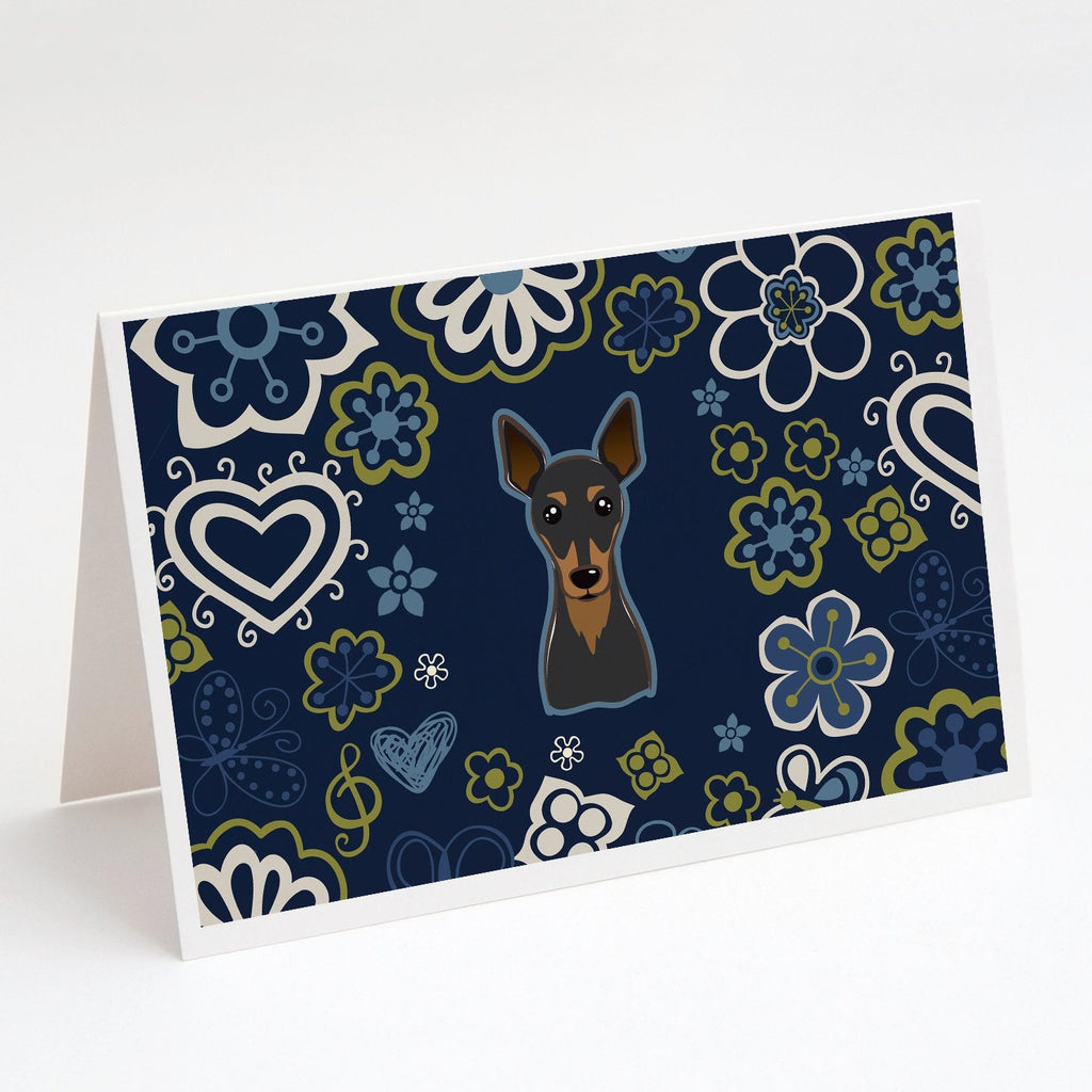 Blue Flowers Min Pin Greeting Cards Pack of 8 Blank Cards with Envelopes Whimsical A7 Size 5x7