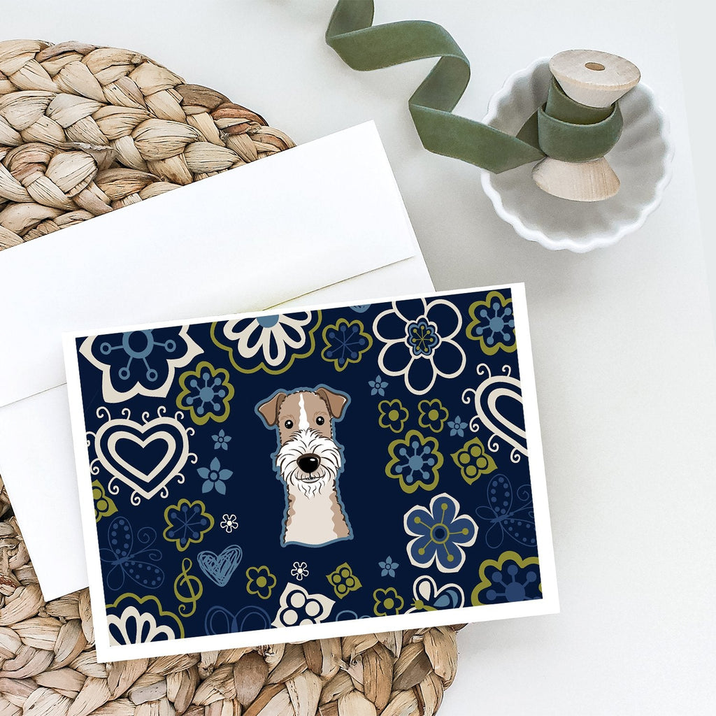 Blue Flowers Wire Haired Fox Terrier Greeting Cards Pack of 8 Blank Cards with Envelopes Whimsical A7 Size 5x7
