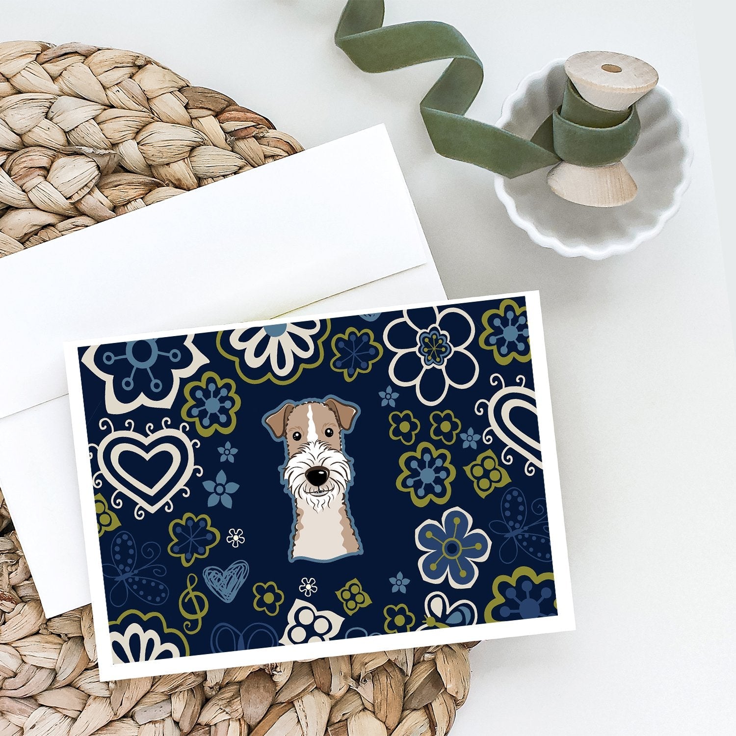 Blue Flowers Wire Haired Fox Terrier Greeting Cards Pack of 8 Blank Cards with Envelopes Whimsical A7 Size 5x7