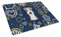 Blue Flowers Wire Haired Fox Terrier Cutting Board Tempered Glass Kitchen Cutting Surface, Heat Resistant Chopping, Non-Slip Feet, Food Prep & Serving